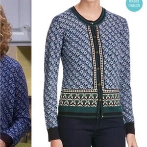 TORY BURCH Navy Amble Daisy Floral Print Merino Wool Button Cardigan Sweater L